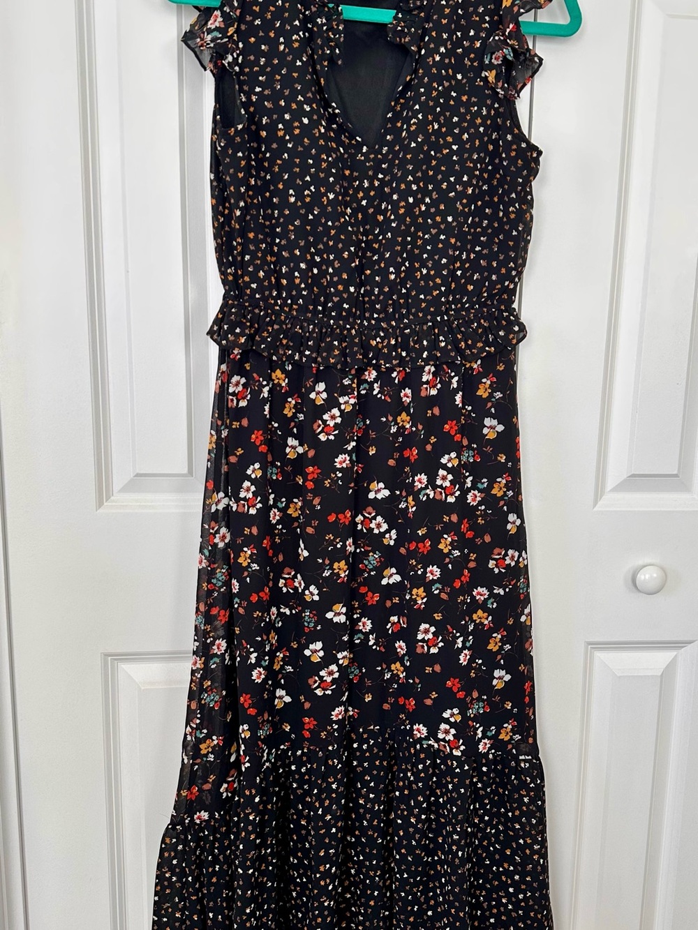 Women’s Black Floral Ruffle Midi Dress with Red, White & Aqua Blooms
